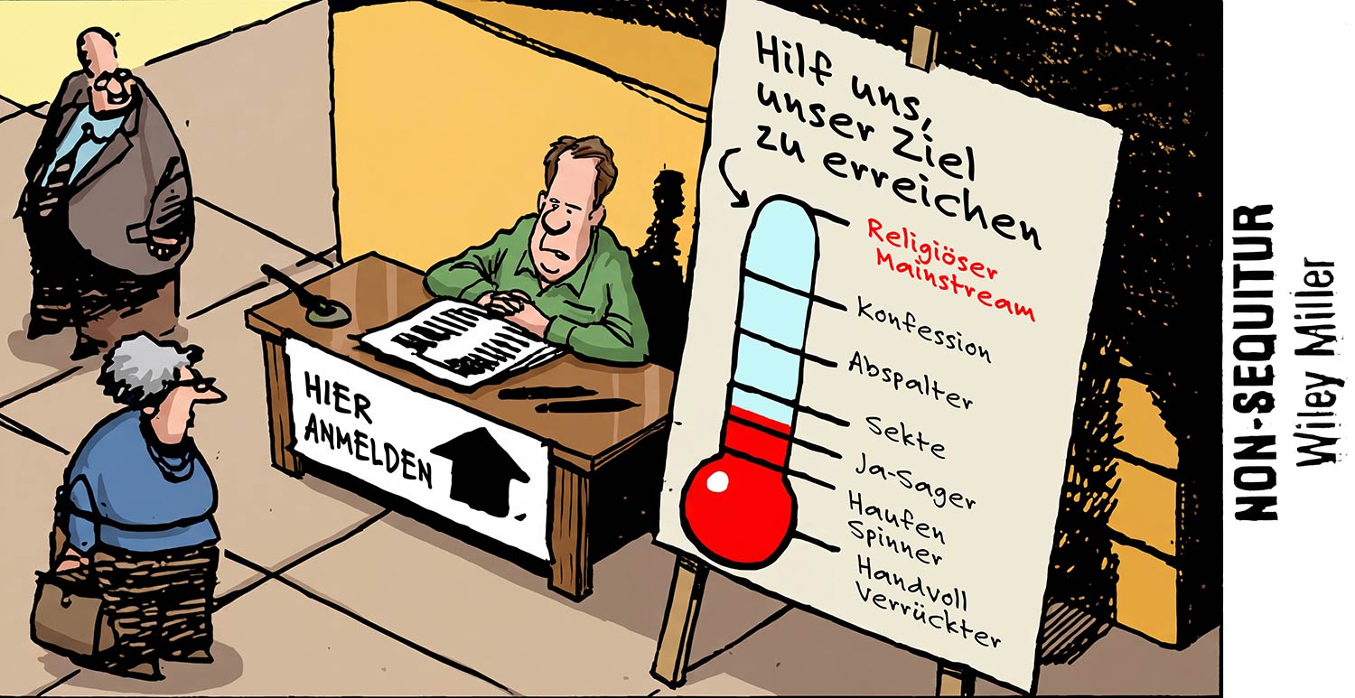 A comic strip showing a man trying to reach his goal of becoming part of mainstream religion.