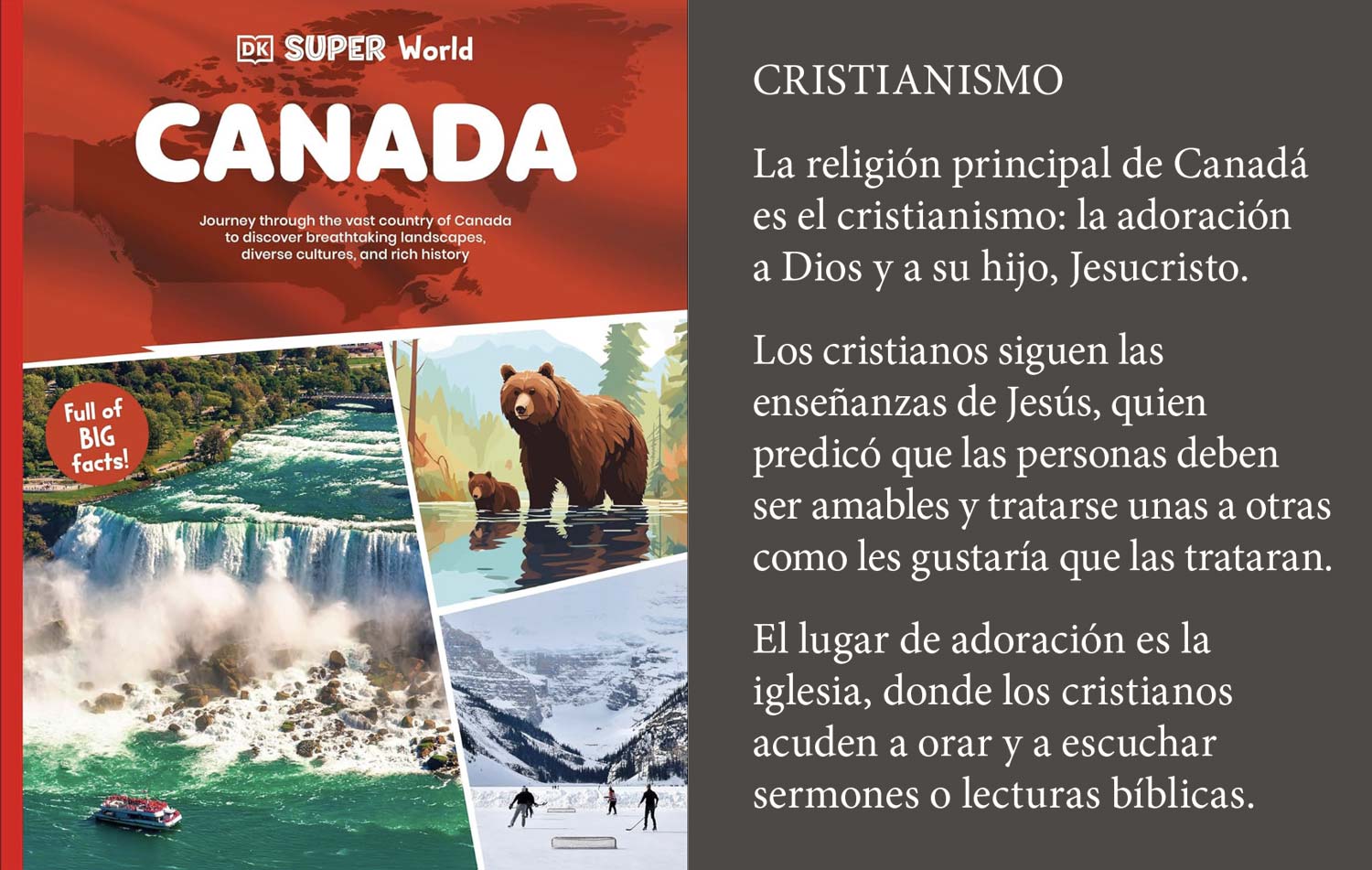 The cover of a children's book about Canada and a sample paragraph from inside it explaining Christianity in a very religious way.