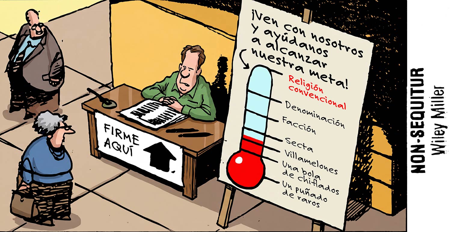 A comic strip showing a man trying to reach his goal of becoming part of mainstream religion.