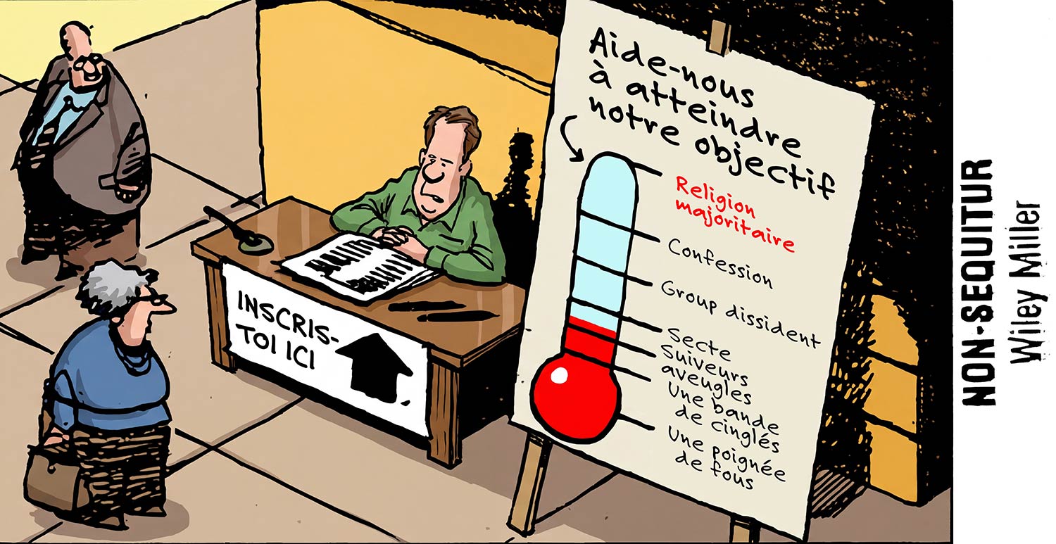 A comic strip showing a man trying to reach his goal of becoming part of mainstream religion.