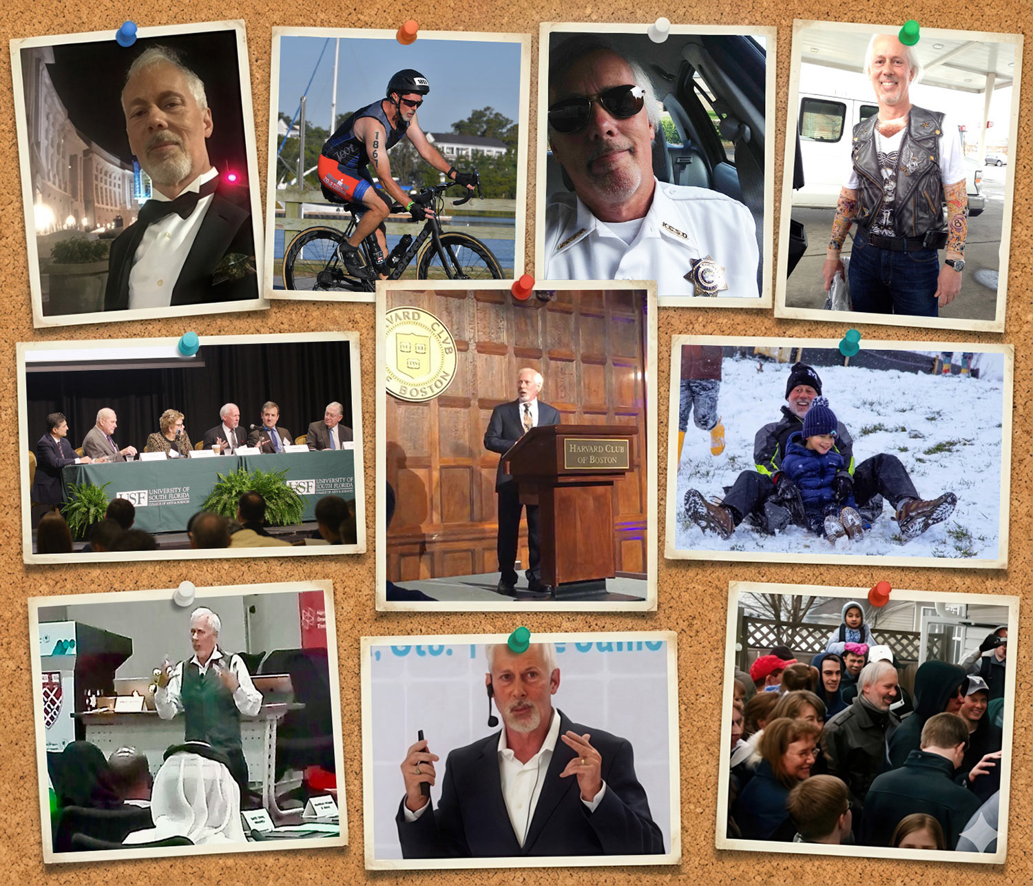 A collage of photos of the author showing his eclectic scope of experiences.
