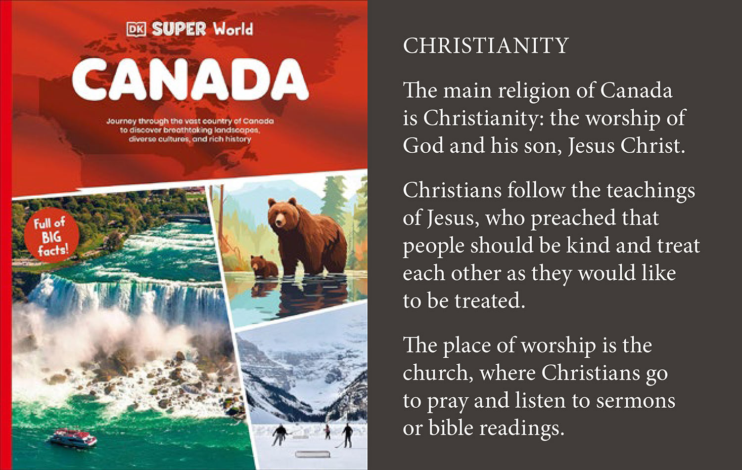 The cover of a children's book about Canada and a sample paragraph from inside it explaining Christianity in a very religious way.