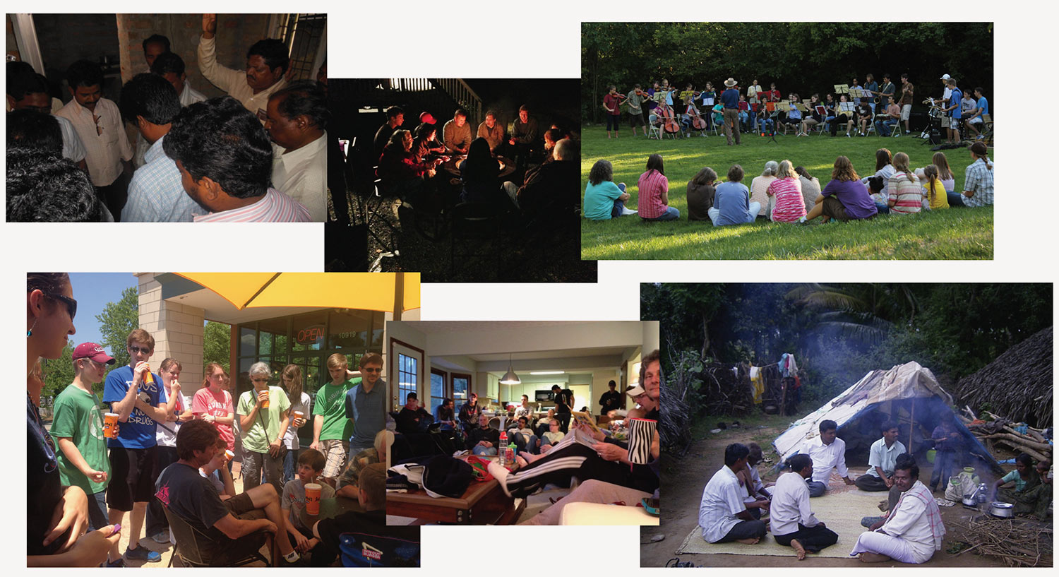 Groups of people in various day-to-day scenarios, gathered around Jesus.