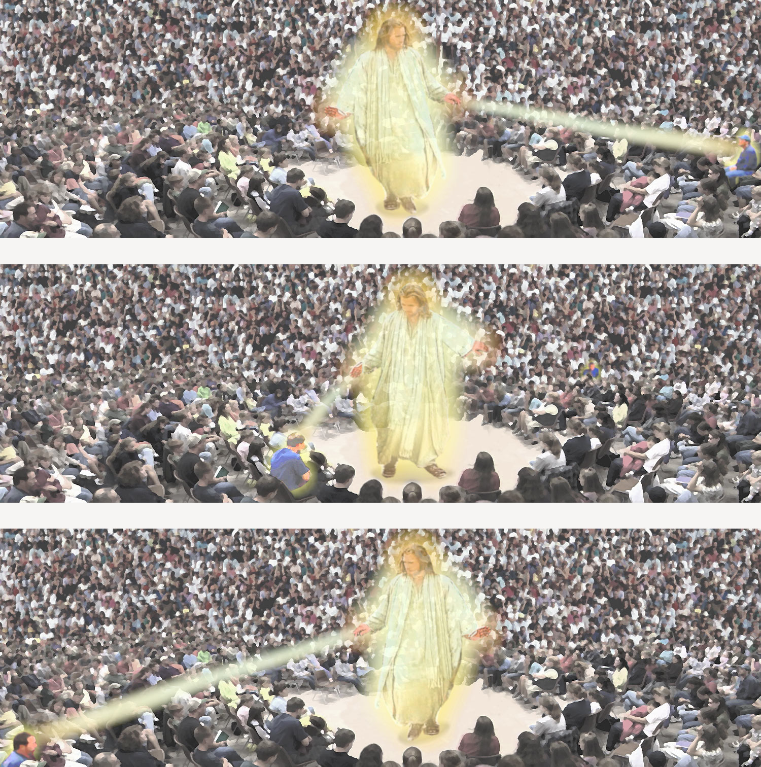 Three images showing Jesus in the center touching various people as he wills.