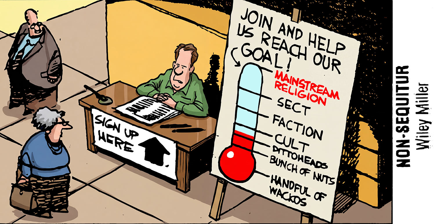 A comic strip showing a man trying to reach his goal of becoming part of mainstream religion.