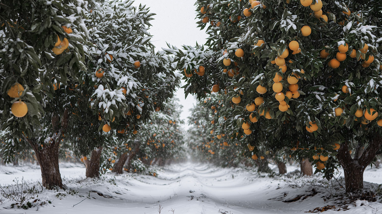 A grove of orange trees covered in snow in a snowy field in Alaska.