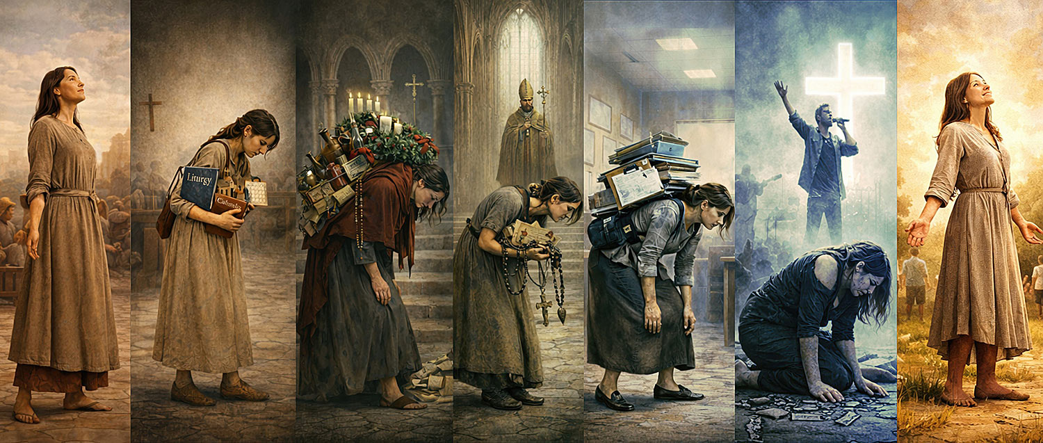 A visual timeline of the church as represented by a woman getting more and more burdened with the weight of religious traditions and false expectations. The image culminates with her restoration and a return to God's original intent for her in the Ecosystem.