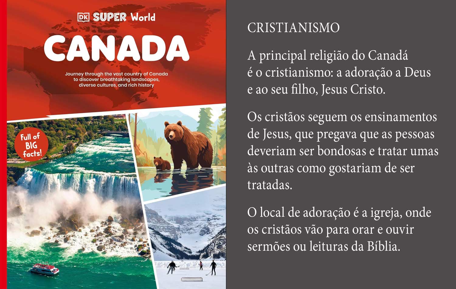 The cover of a children's book about Canada and a sample paragraph from inside it explaining Christianity in a very religious way.